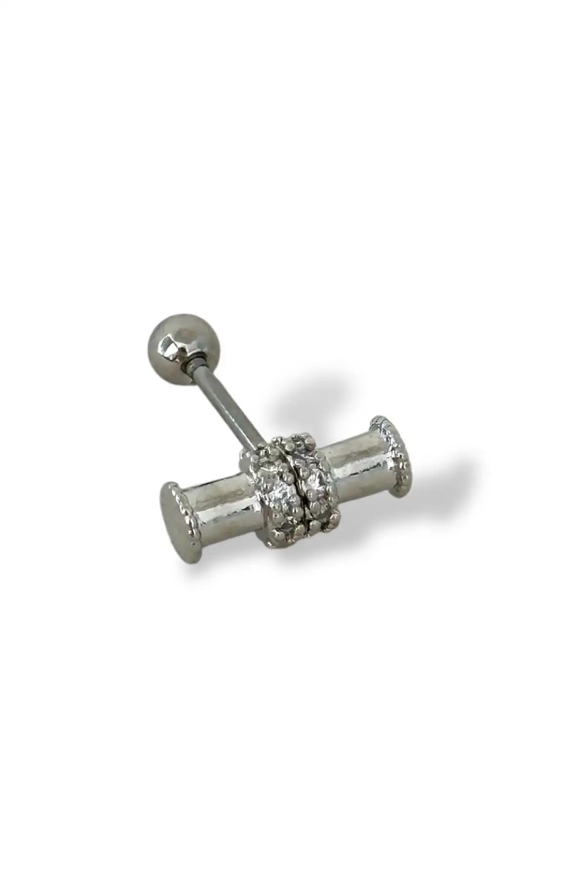Gümüş Renk Taş Detaylı Çelik Tragus/Kıkırdak Küpe/Piercing (Tek)