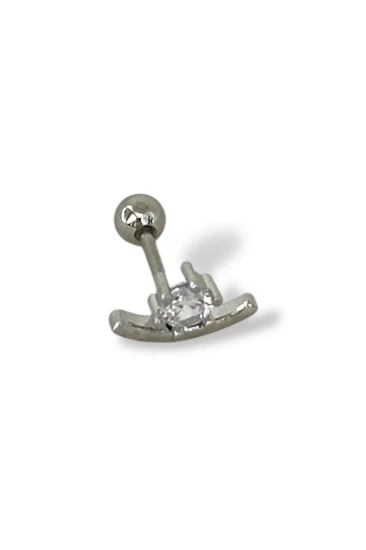 Gümüş Renk Taş Detaylı Çelik Tragus/Kıkırdak Küpe/Piercing (Tek)