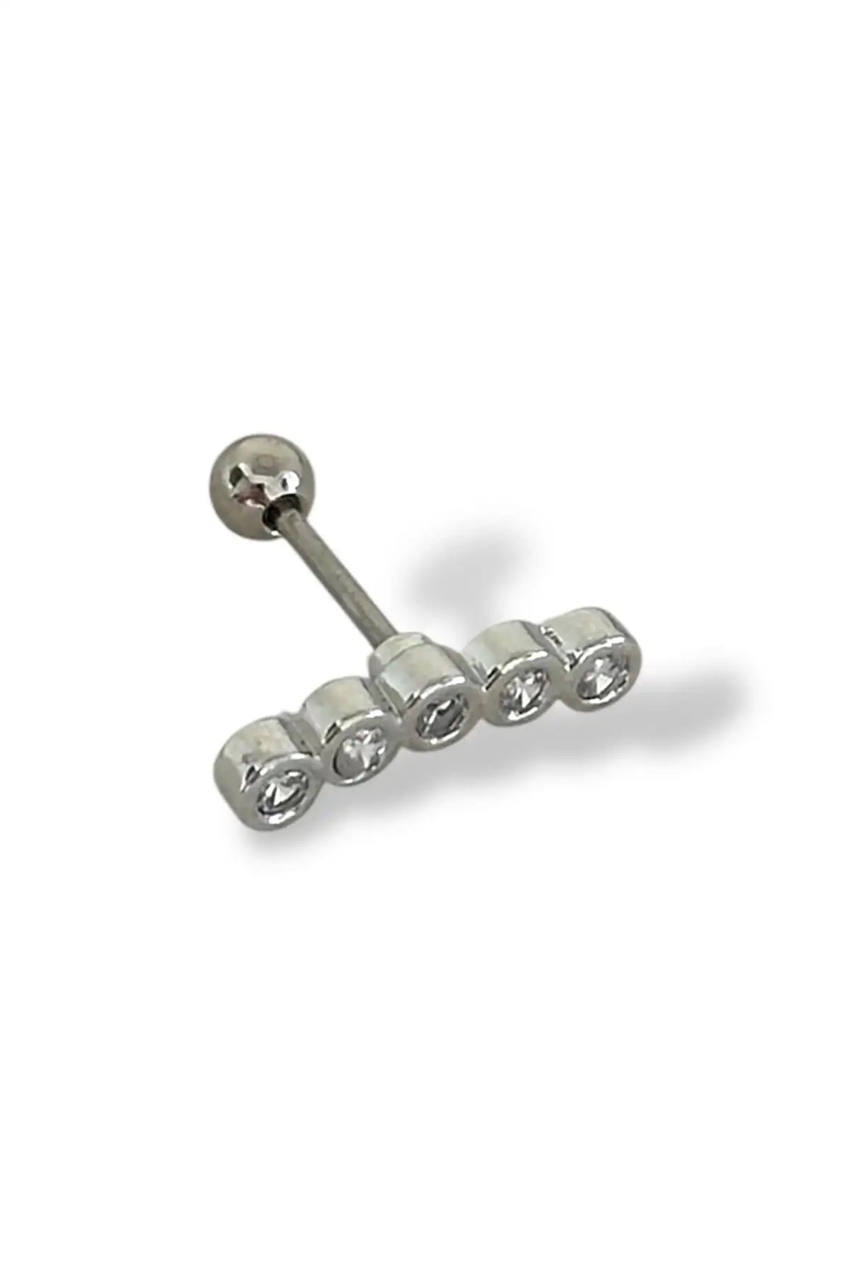 Gümüş Renk Taş Detaylı Çelik Tragus/Kıkırdak Küpe/Piercing (Tek)