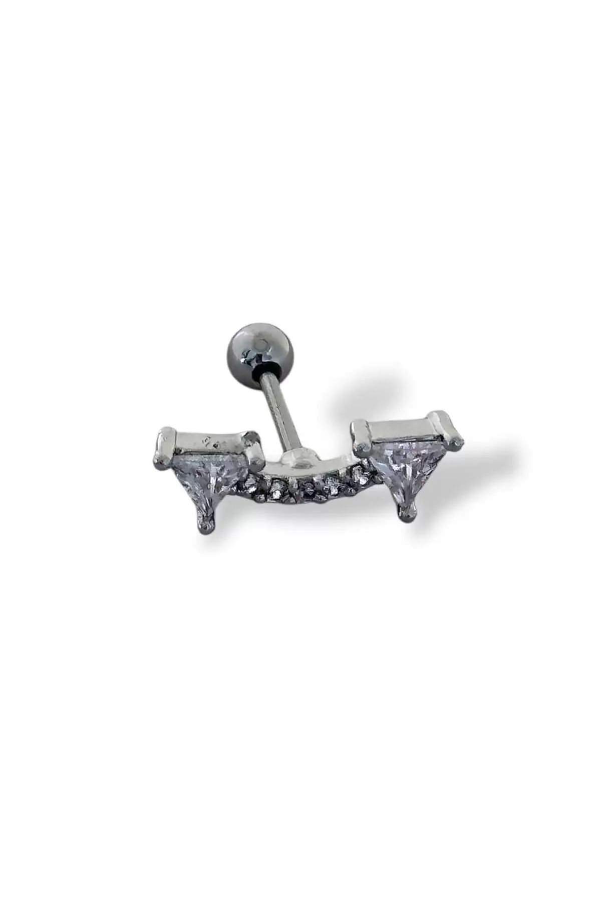 Gümüş Renk Taş Detaylı Çelik Tragus/Kıkırdak Küpe/Piercing (Tek)