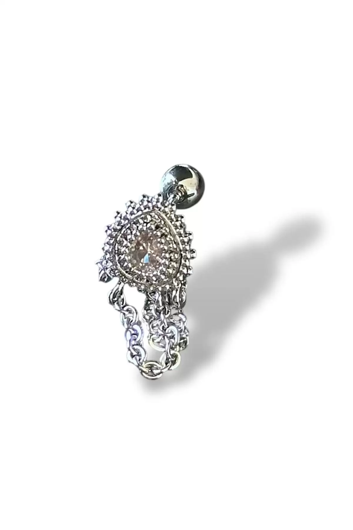 Gümüş Renk Taş Detaylı Çelik Tragus/Kıkırdak Küpe/Piercing (Tek)