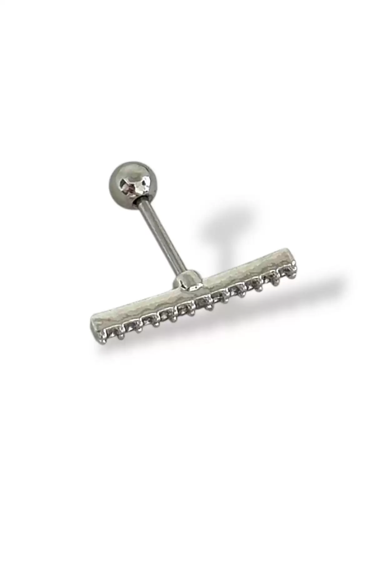 Gümüş Renk Taş Detaylı Çelik Tragus/Kıkırdak Küpe/Piercing (Tek)