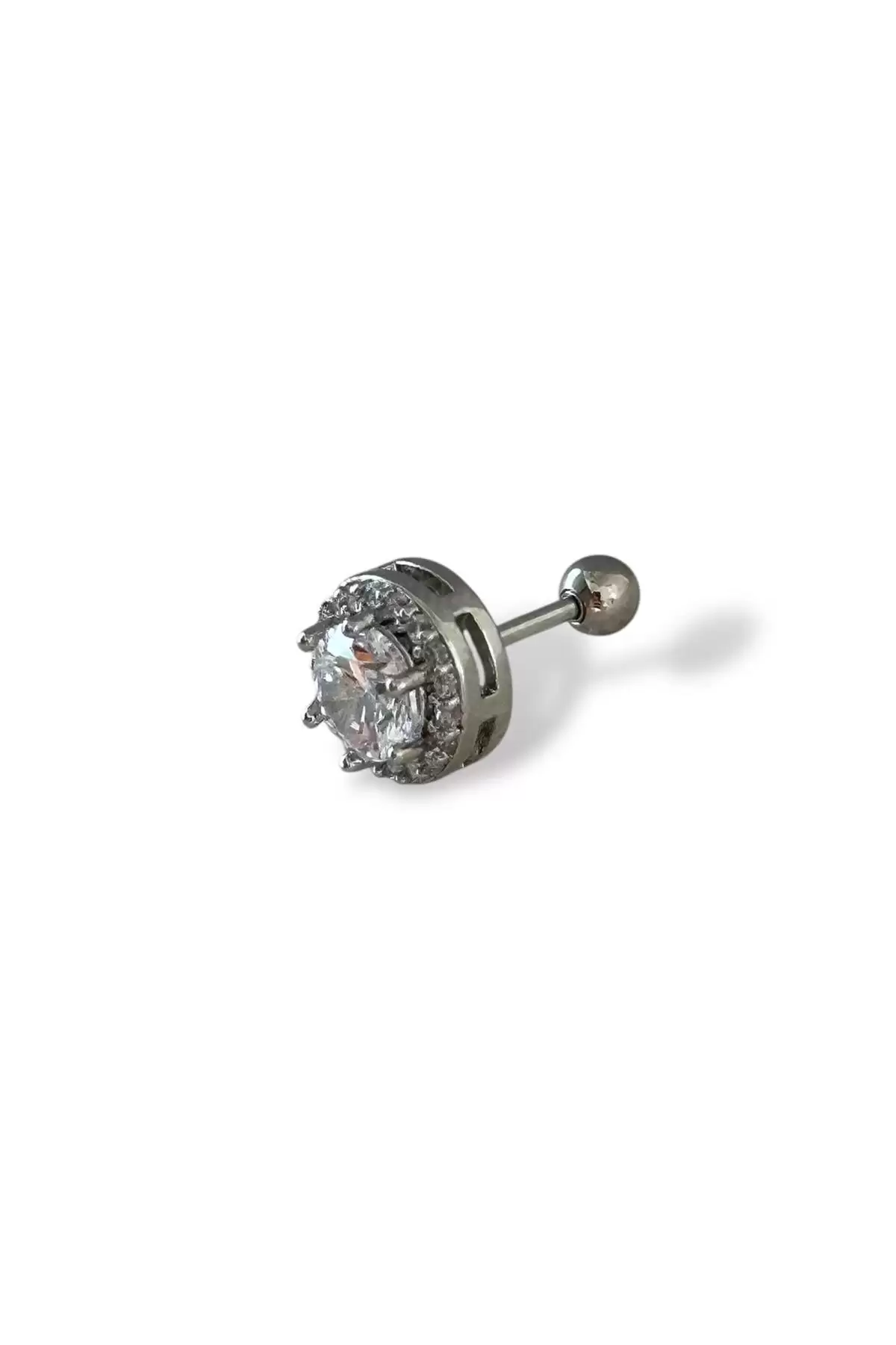Gümüş Renk Taş Detaylı Çelik Tragus/Kıkırdak Küpe/Piercing (Tek)