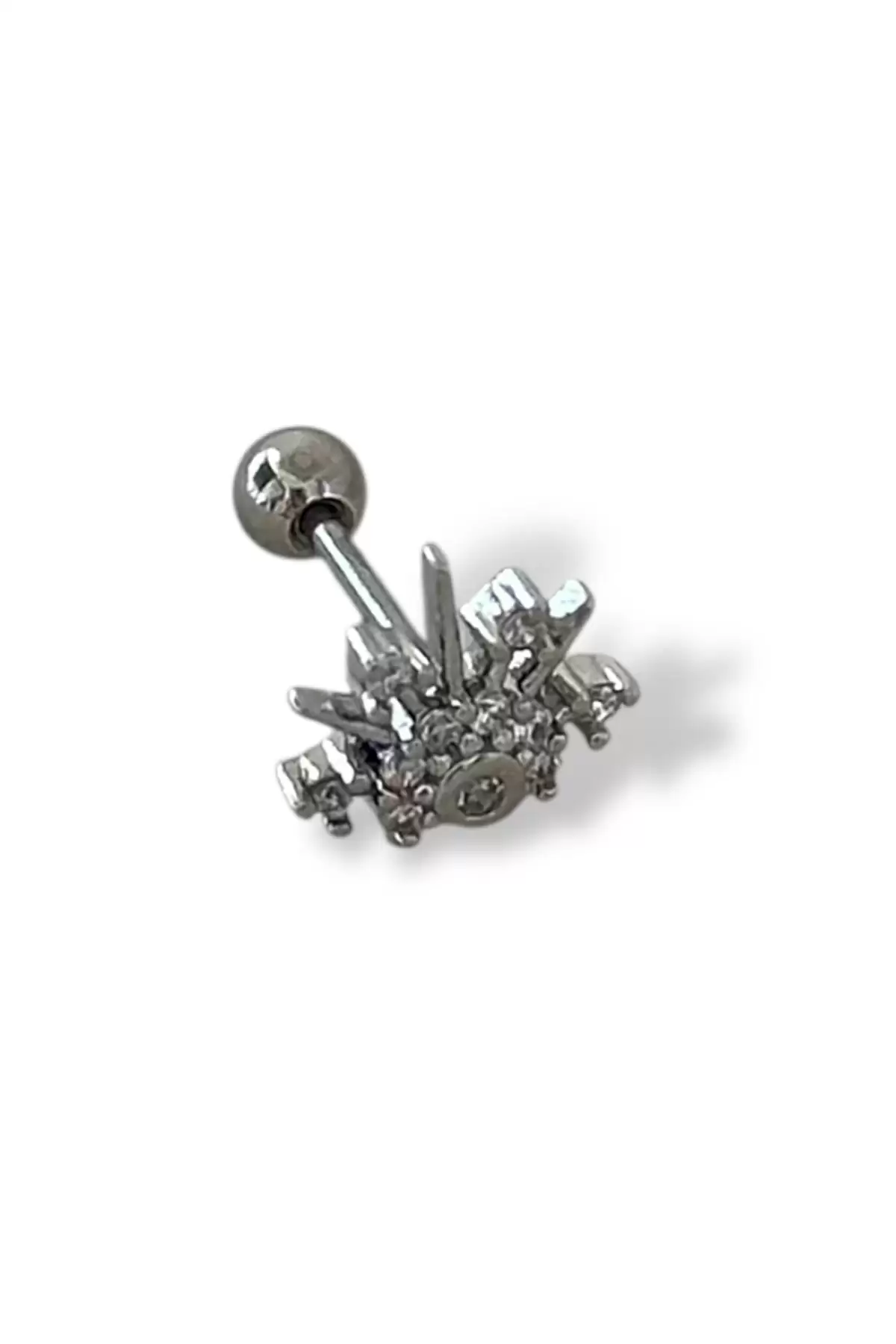 Gümüş Renk Taş Detaylı Çelik Tragus/Kıkırdak Küpe/Piercing (Tek)