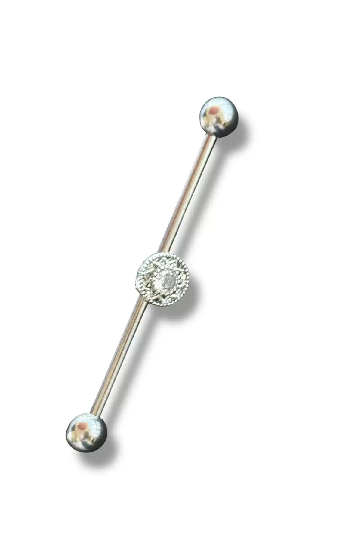 Gümüş Renk Taş Detaylı Cerrahi Çelik Köprü Piercing Küpe (Tek)