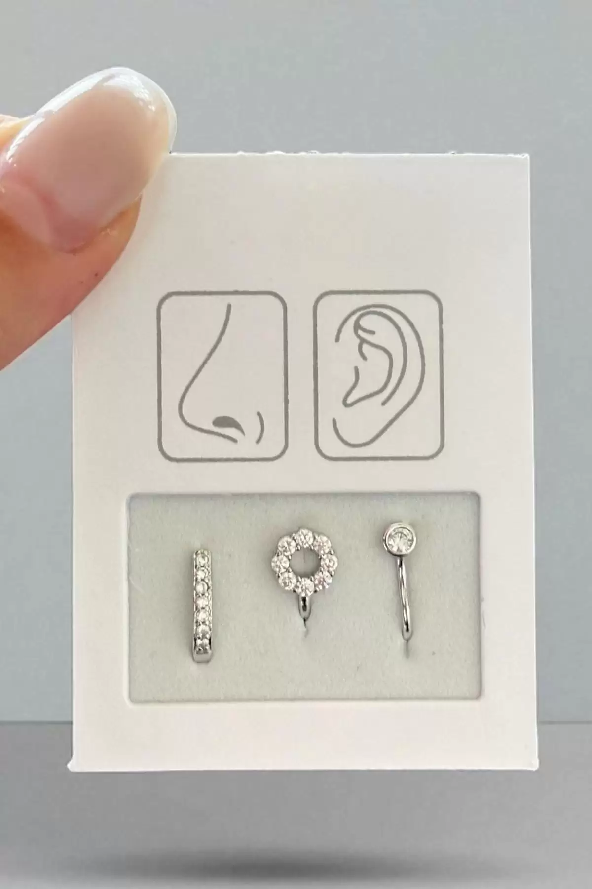 Gümüş Renk Taş Detaylı Deliksiz Kulak/ Burun 3lü Piercing Set