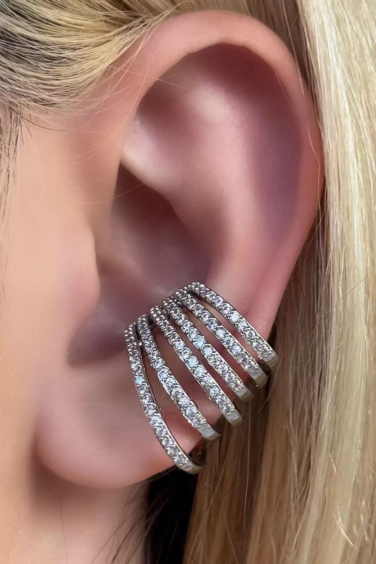 Gümüş Renk Taş Detaylı Ear Cuff (Tek)