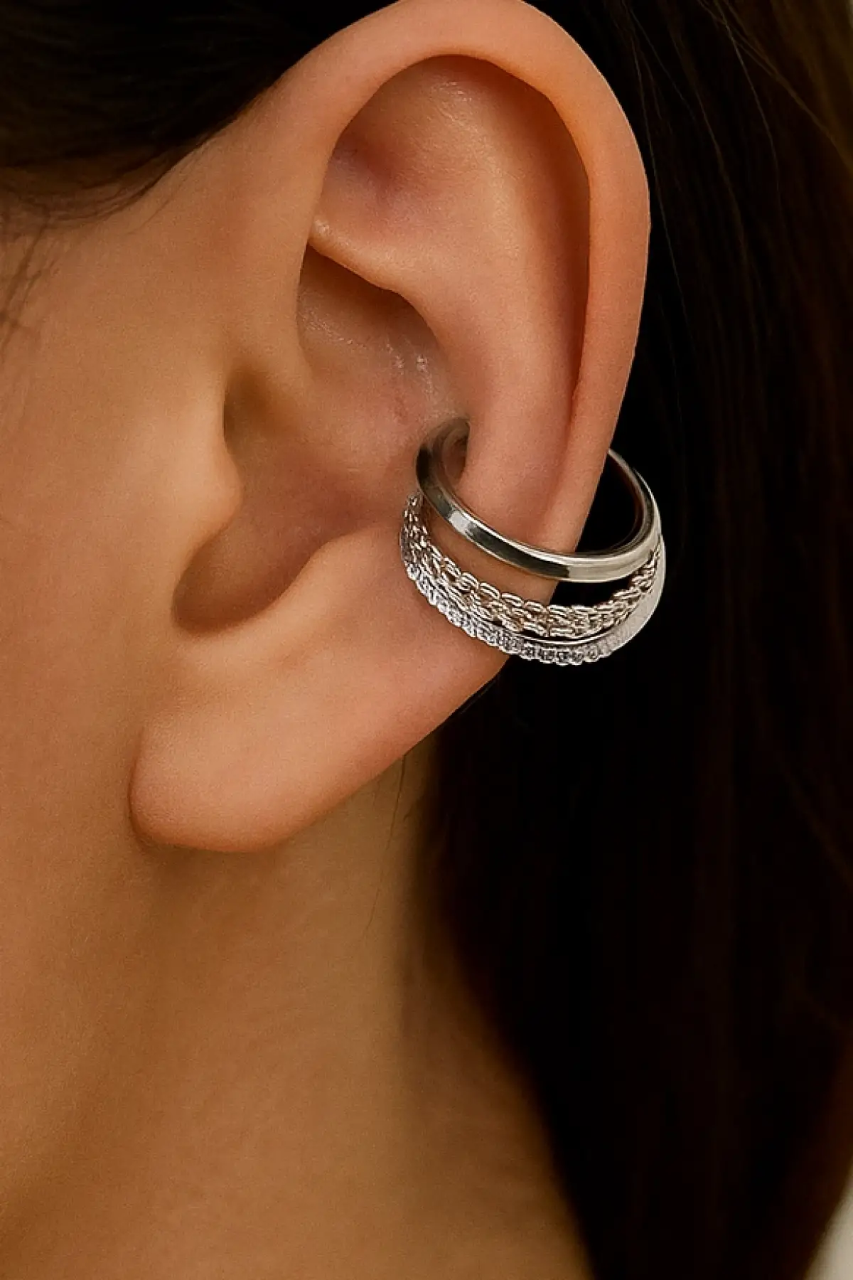 Gümüş Renk Taş Detaylı Ear Cuff (Tek)