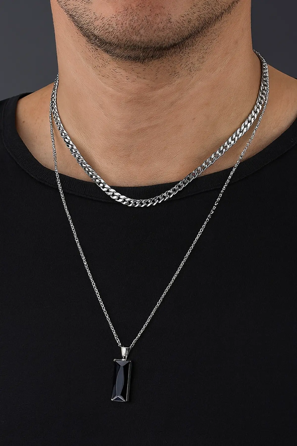 Gümüş Renk Taş Detaylı Erkek İkili Zincir Çelik Kolye