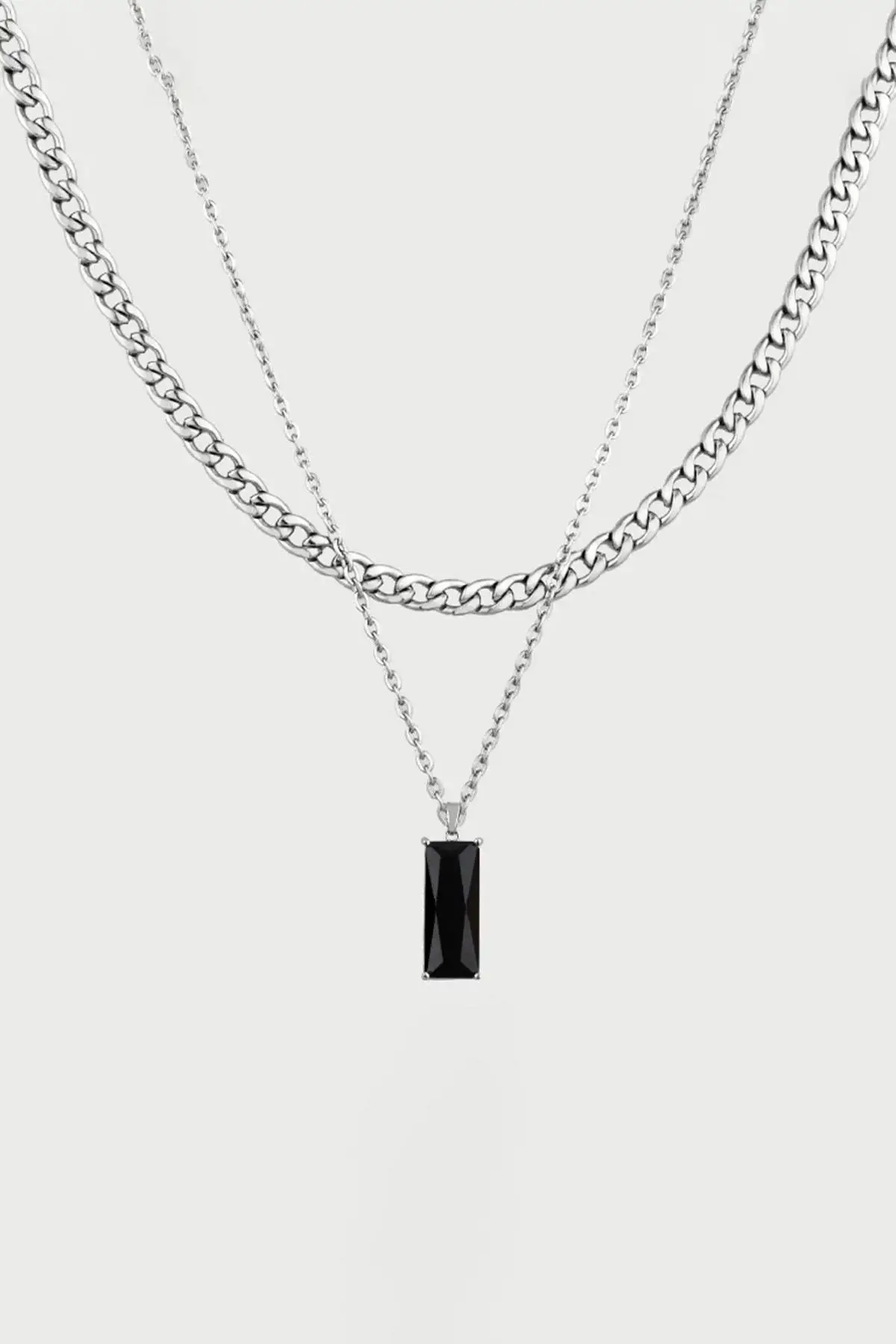 Gümüş Renk Taş Detaylı Erkek İkili Zincir Çelik Kolye