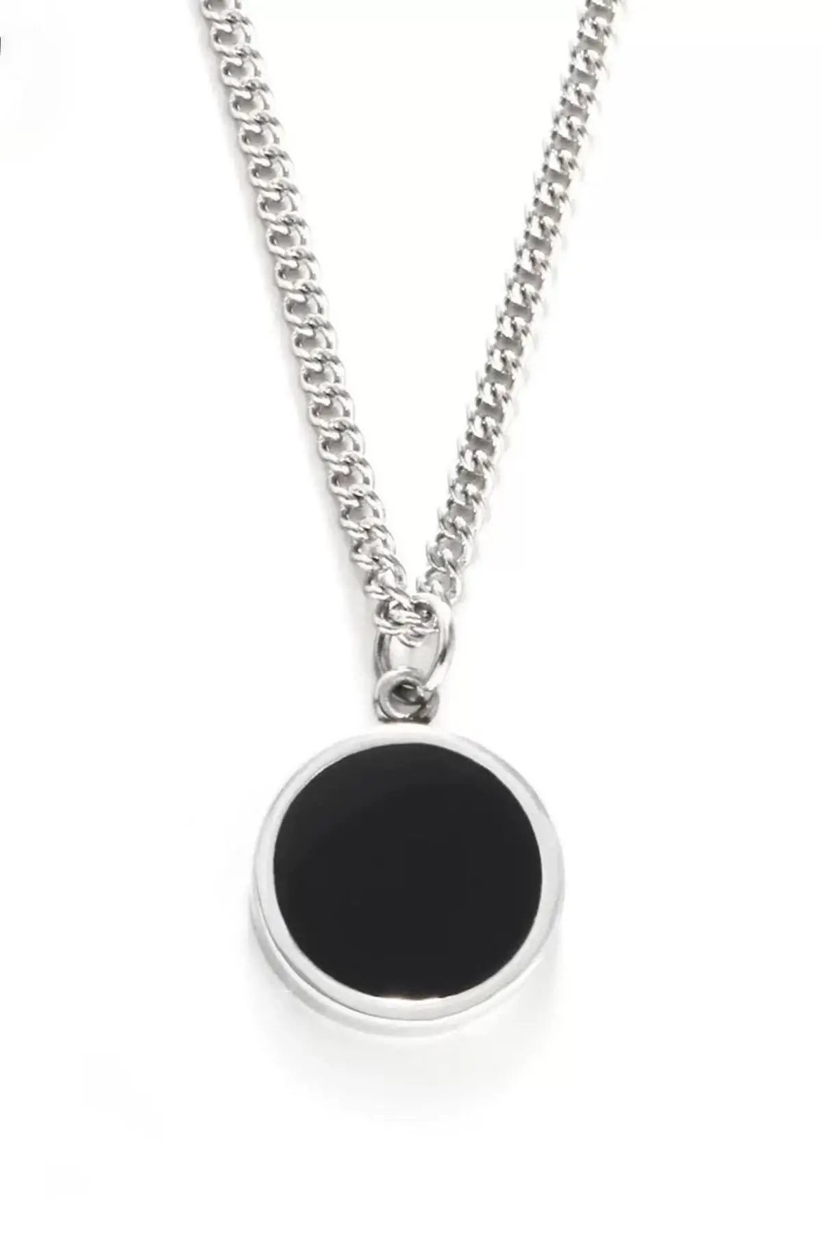 Gümüş Renk Taş Detaylı Erkek Zincir Çelik Kolye (60cm)