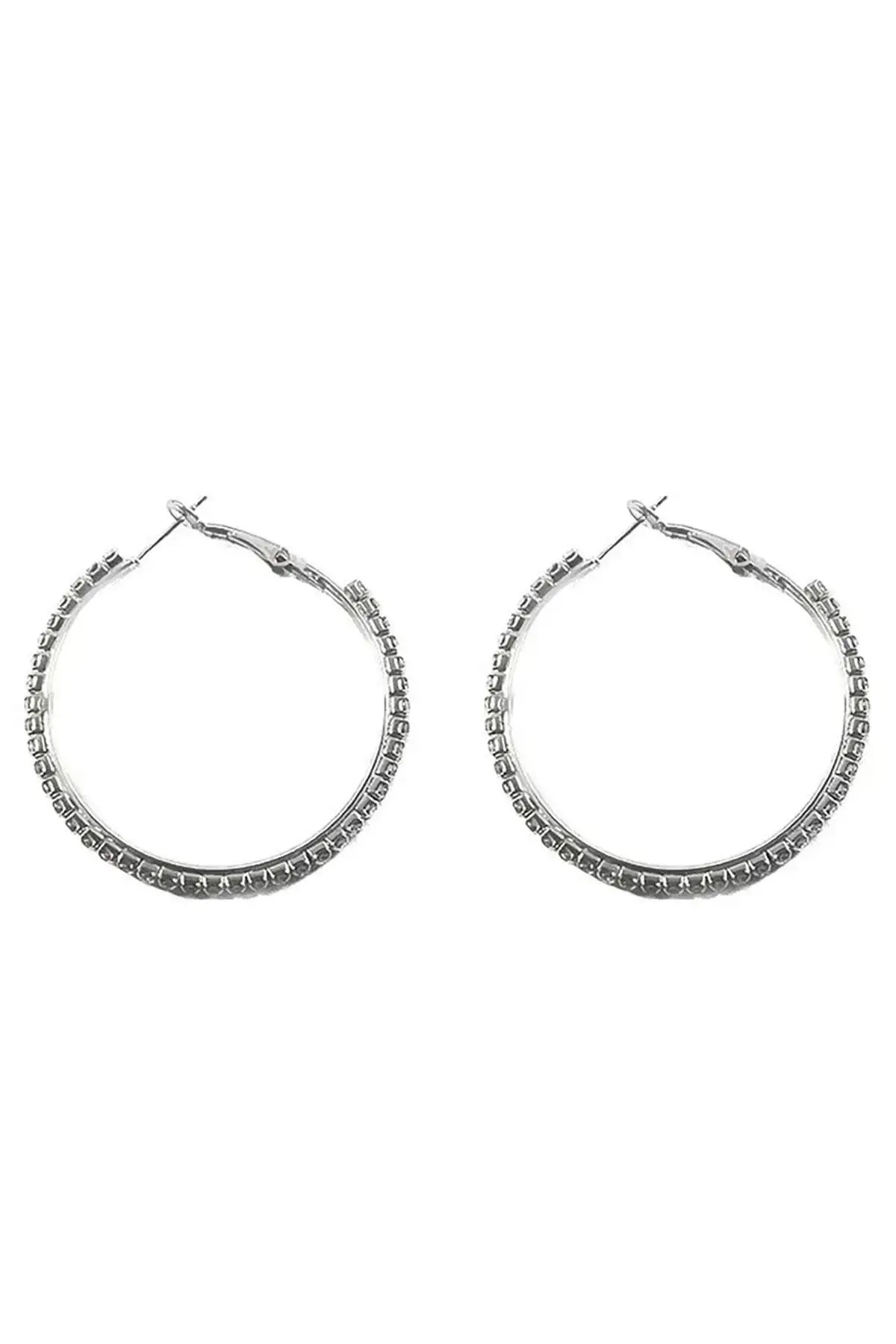 Gümüş Renk Taş Detaylı Halka Küpe 45Mm (Çift)