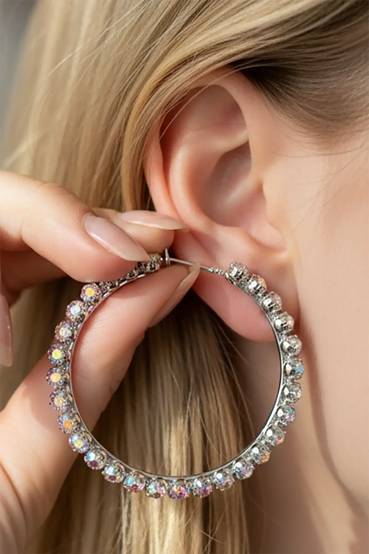 Gümüş Renk Taş Detaylı Halka Küpe 55Mm (Çift)