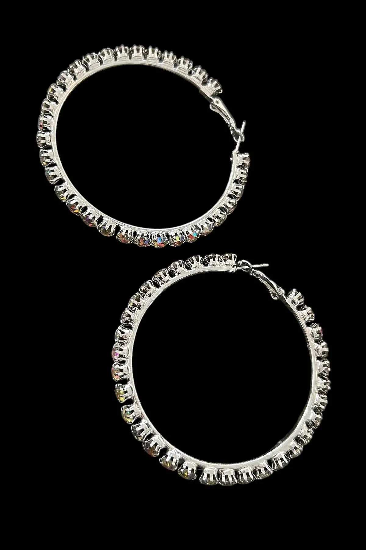 Gümüş Renk Taş Detaylı Halka Küpe 55Mm (Çift)