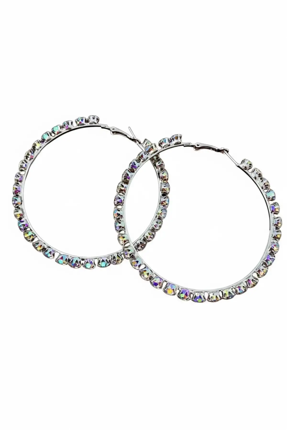 Gümüş Renk Taş Detaylı Halka Küpe 80Mm (Çift)