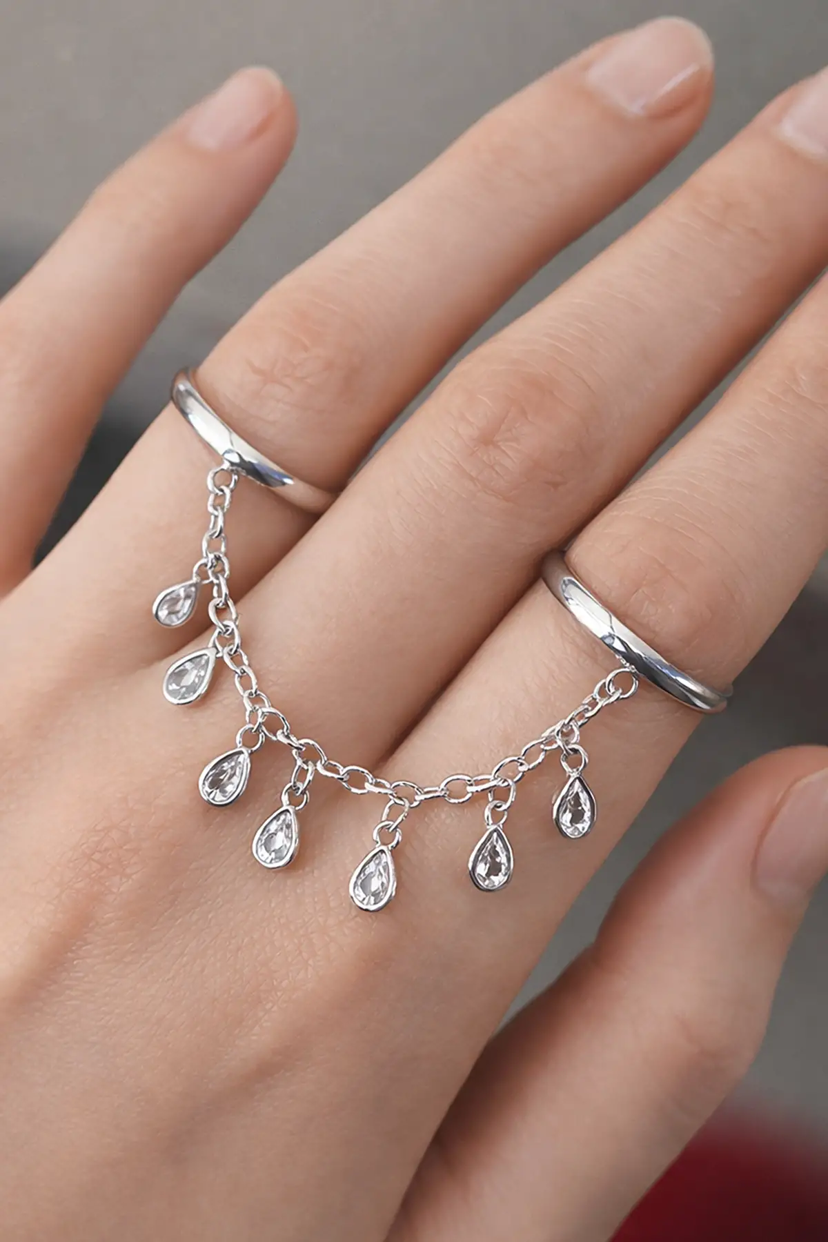 Gümüş Renk Taş Detaylı Sallantılı İkili Ayarlanabilir Yüzük