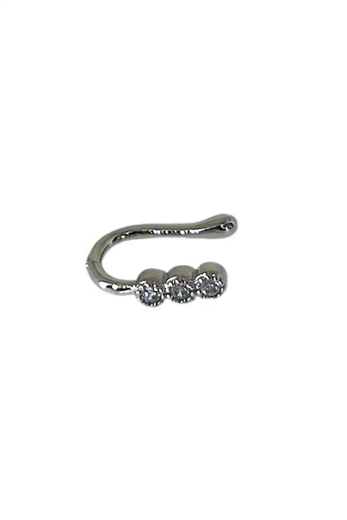 Gümüş Renk Taş Detaylı Sıkıştırmalı Deliksiz Hızma Cerrahi Çelik Piercing (Tek)