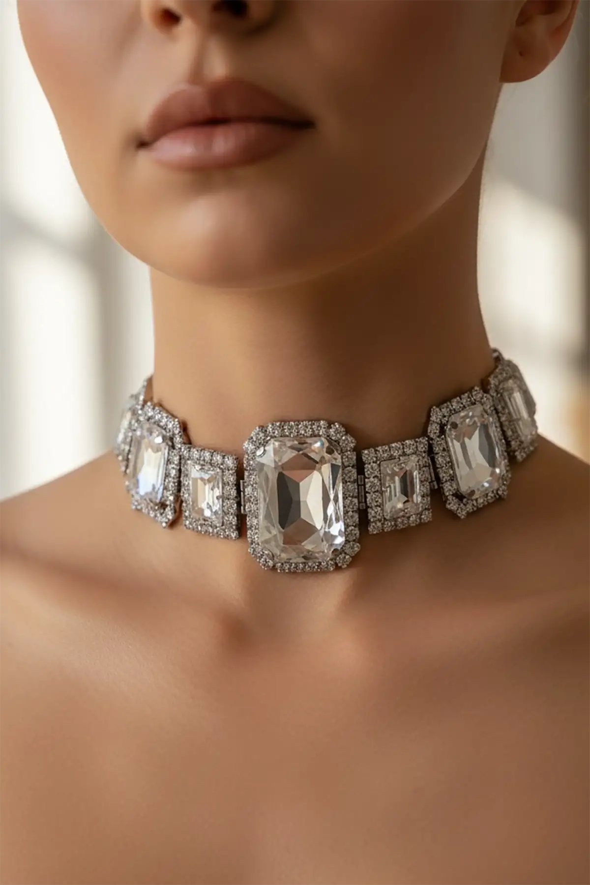 Gümüş Renk Taş Detaylı Tasarım Abiye Kolye