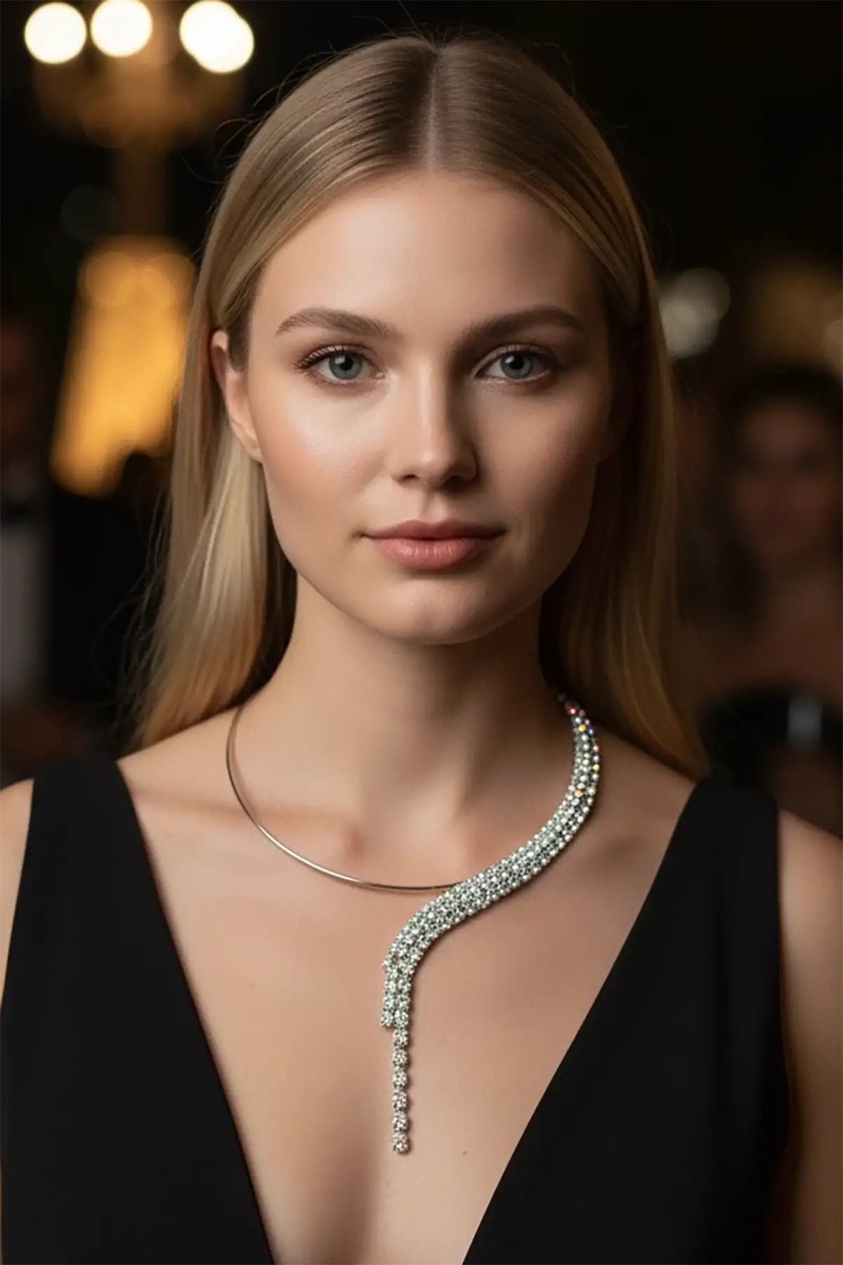 Gümüş Renk Taş Detaylı Tasarım Abiye Kolye