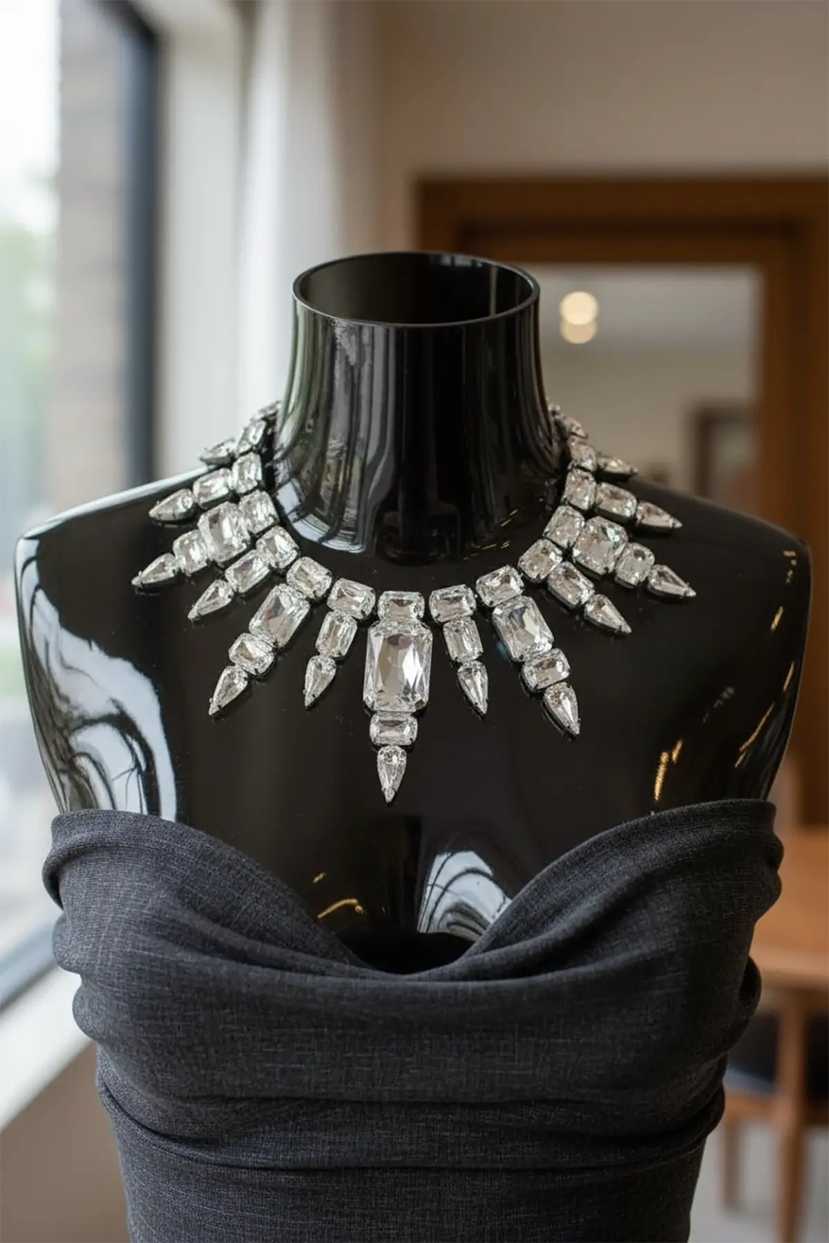 Gümüş Renk Taş Detaylı Tasarım Abiye Kolye