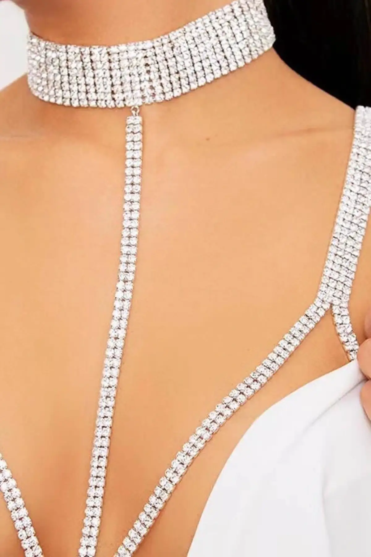 Gümüş Renk Taş Detaylı Tasarım Vücut Aksesuar