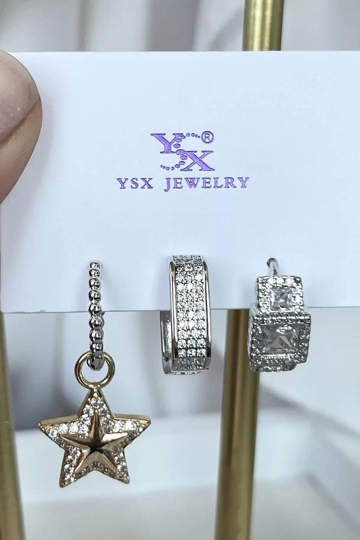 Gümüş Renk Taş Detaylı VİP 3lü YSX Küpe Set