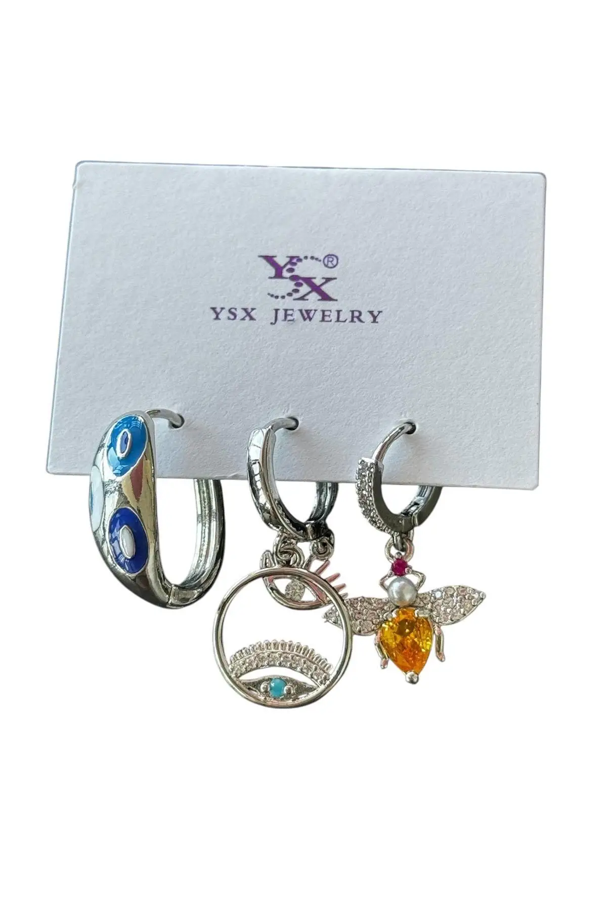 Gümüş Renk Taş Detaylı VİP 3lü YSX Küpe Set