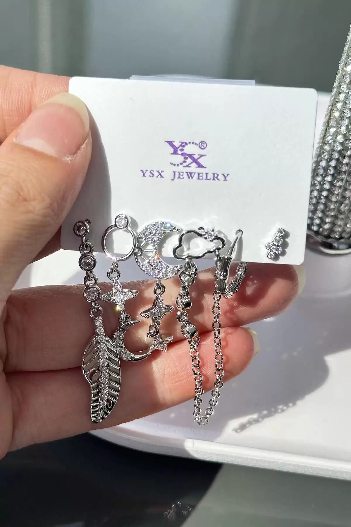 Gümüş Renk Taş Detaylı VİP 6lı YSX Küpe Set