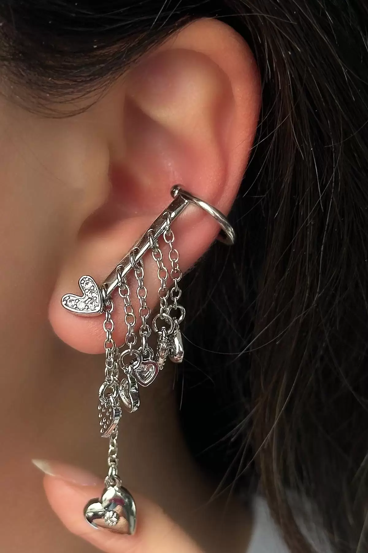 Gümüş Renk Taş Detaylı YSX Ear Cuff Küpe