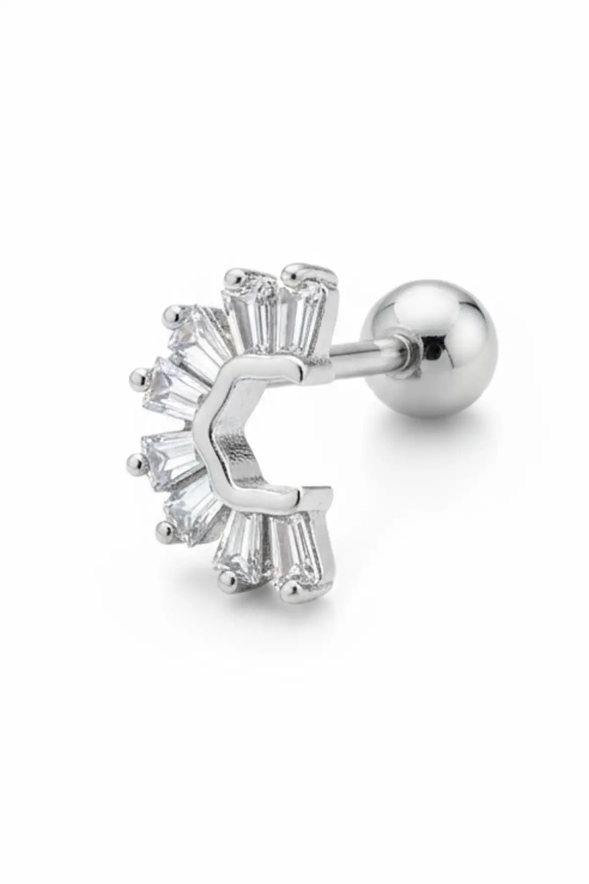 Gümüş Renk Taşlı Cerrahi Çelik Tragus/Kıkırdak Küpe/Piercing (Tek)