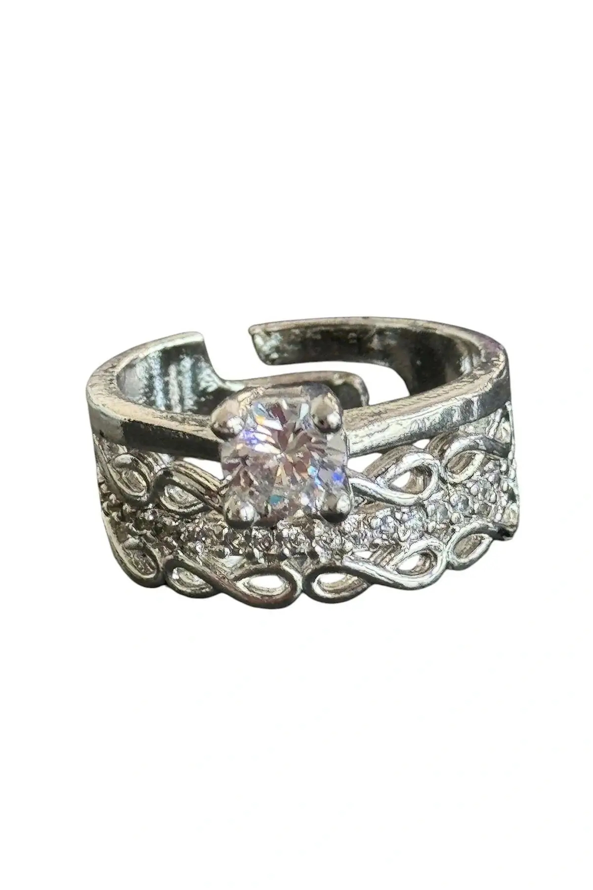 Gümüş Renk Tek Taş Detaylı Ayarlanabilir Yüzük