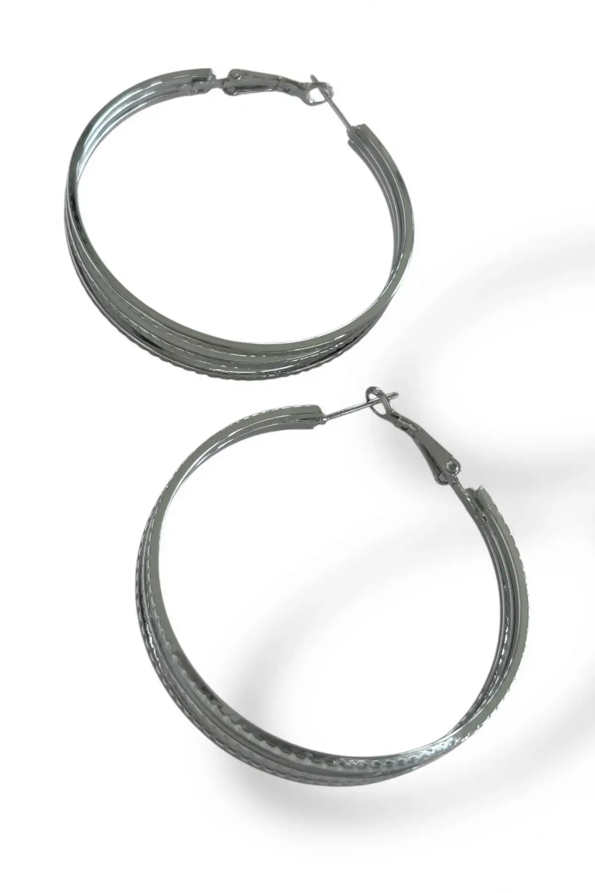 Gümüş Renk Üçlü Görünümlü Halka Küpe (Çift)