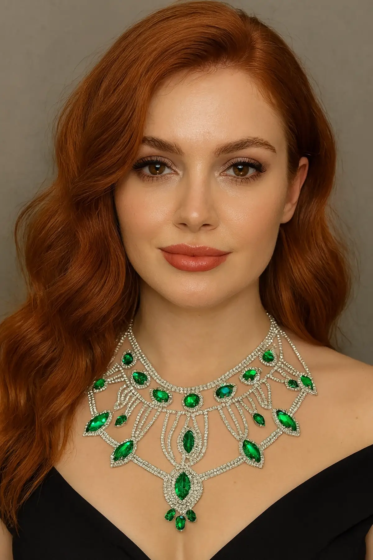 Gümüş Renk Yeşil Taş Detaylı Tasarım Kolye