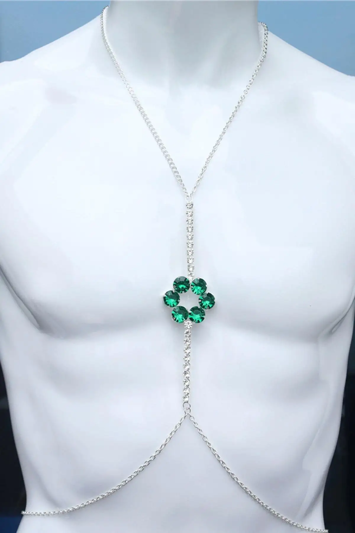 Gümüş Renk Yeşil Taş Detaylı Tasarım Vücut Aksesuar