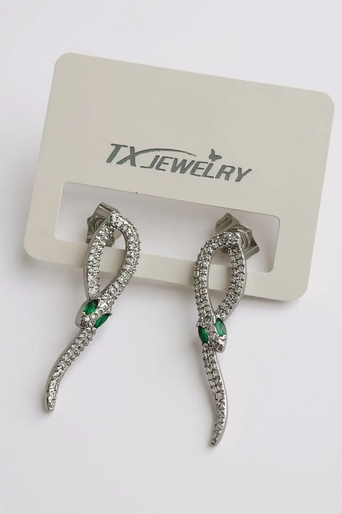 Gümüş Renk Yılan Figürlü Taş Detaylı 14K Altın Kaplama TX Küpe (Çift)