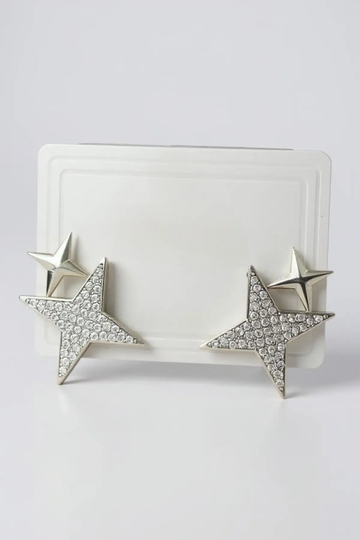 Gümüş Renk Yıldız Figürlü 14K Altın Kaplama Taş Detaylı Küpe (Çift)