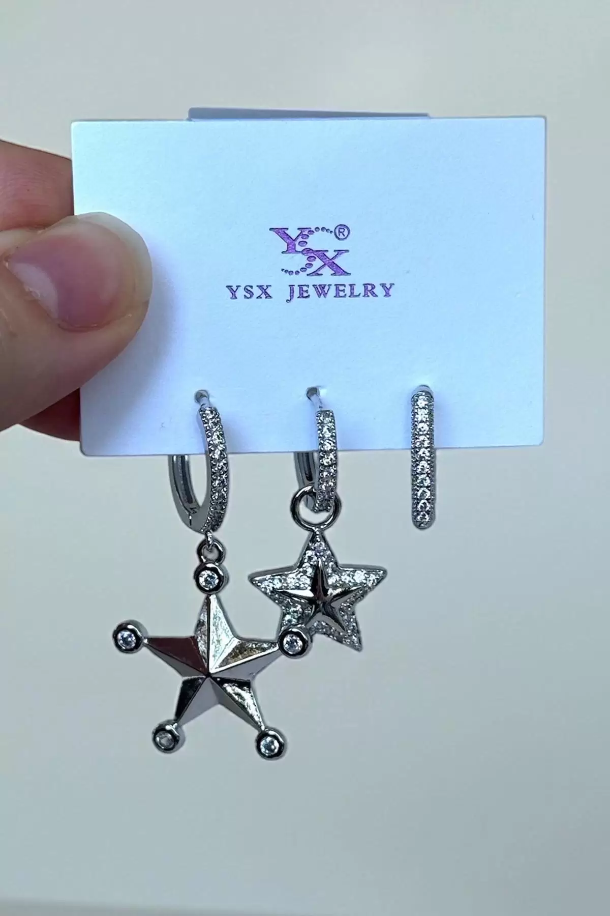 Gümüş Renk Yıldız Figürlü Taş Detaylı 6lı YSX Küpe Set