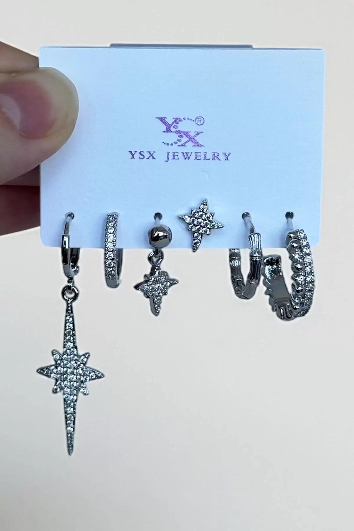Gümüş Renk Yıldız Figürlü Taş Detaylı 6lı YSX Küpe Set