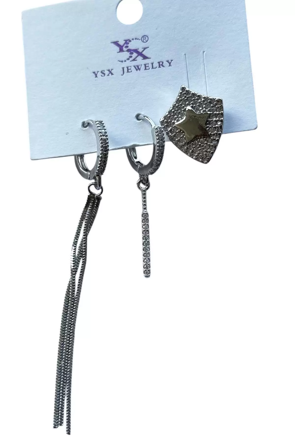 Gümüş Renk Yıldız Figürlü Taş Detaylı VİP 3lü YSX Küpe Set