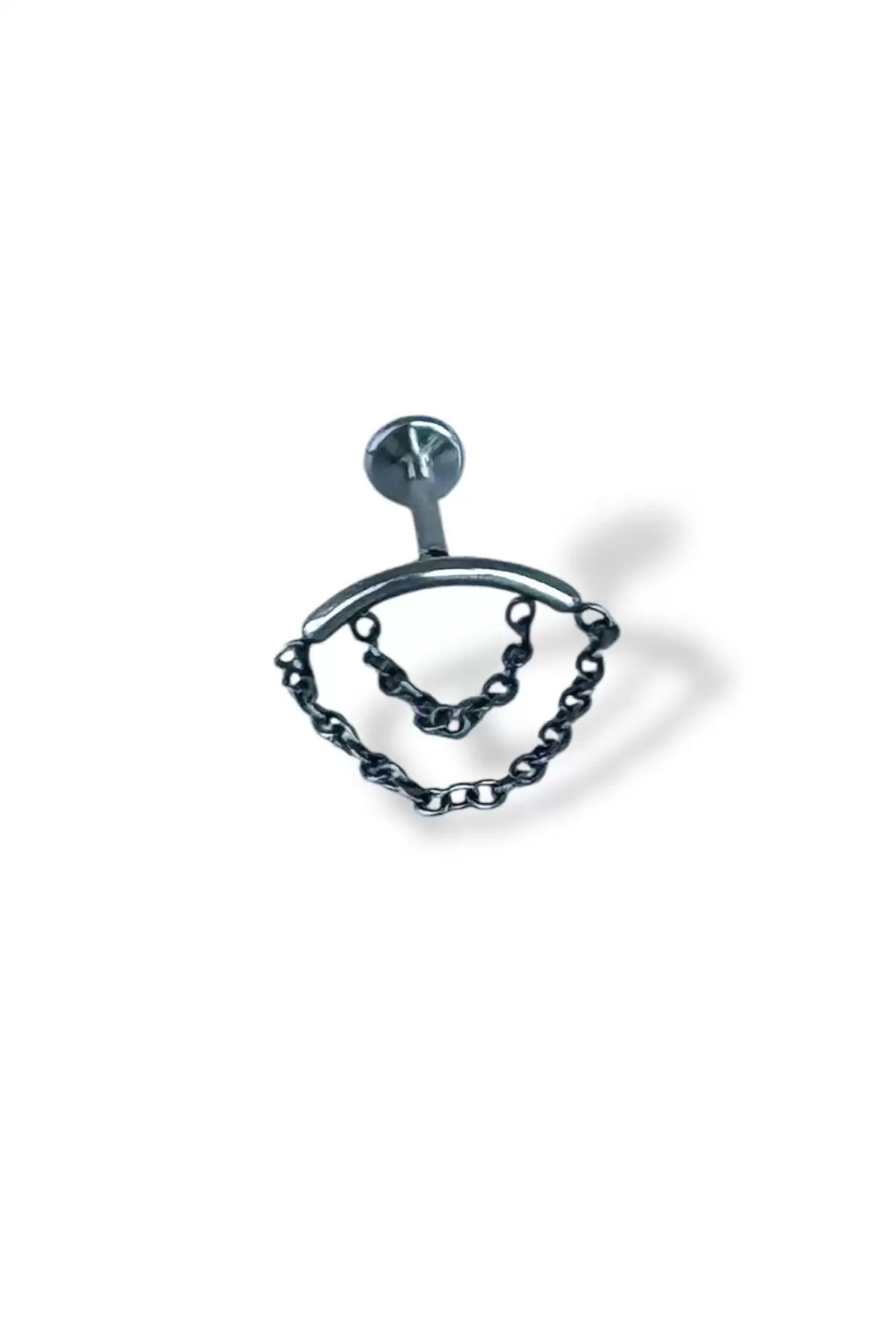 Gümüş Renk Zincir Detaylı Çelik Tragus/Kıkırdak Küpe/Piercing (Tek)