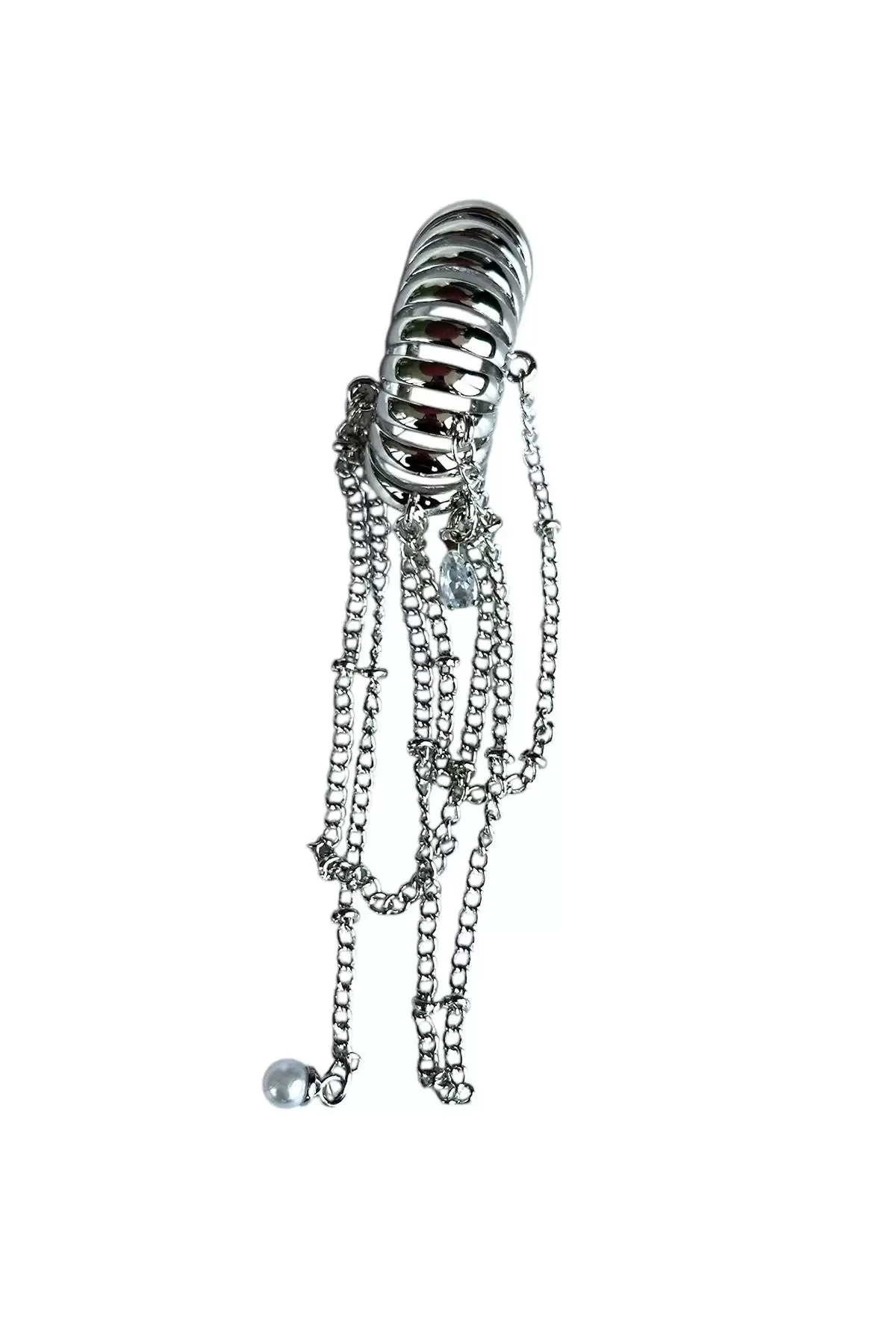 Gümüş Renk Zincir Detaylı Sallantılı Ear Cuff (Tek)