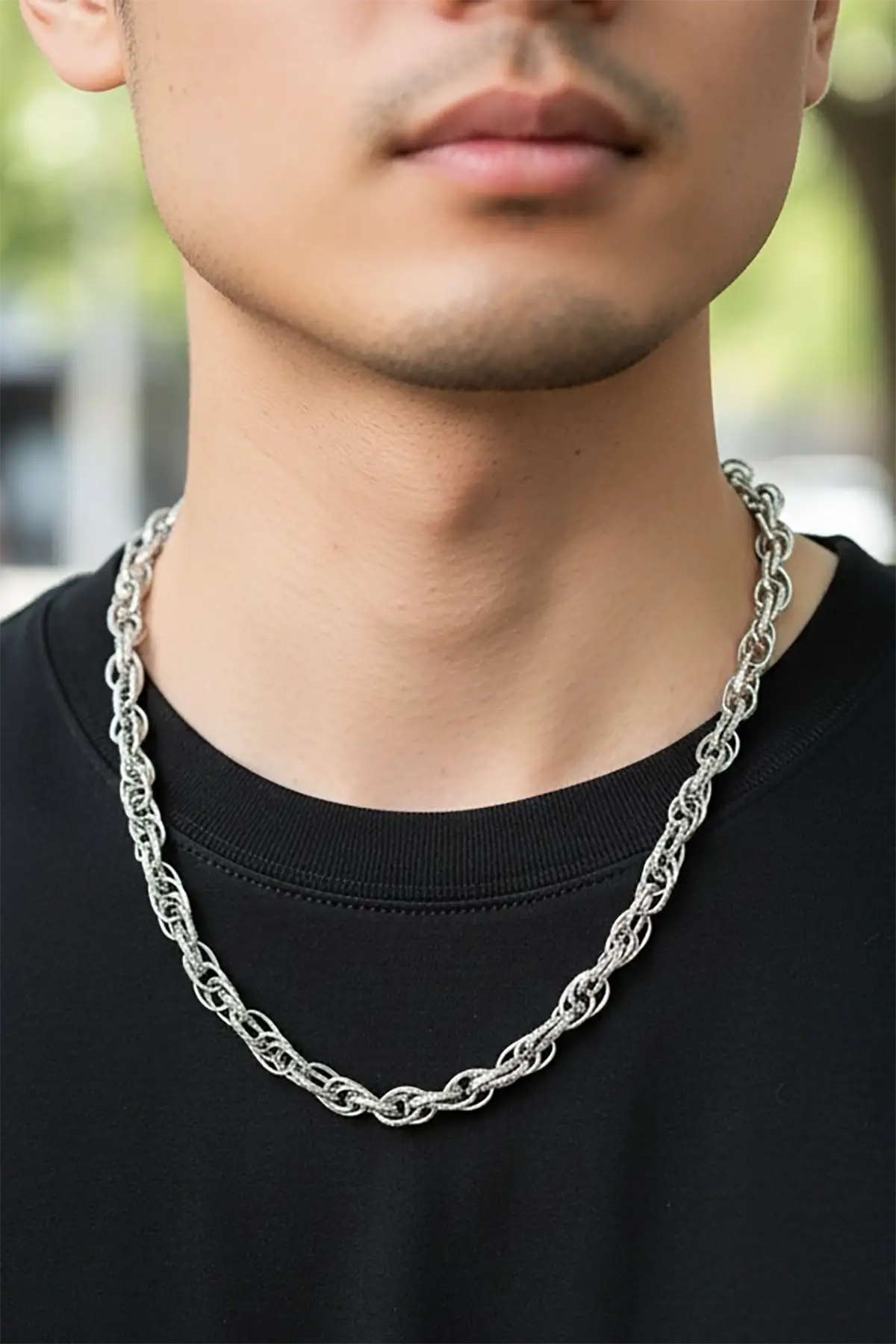 Gümüş Renk Zincir Detaylı Unisex Çelik Kolye