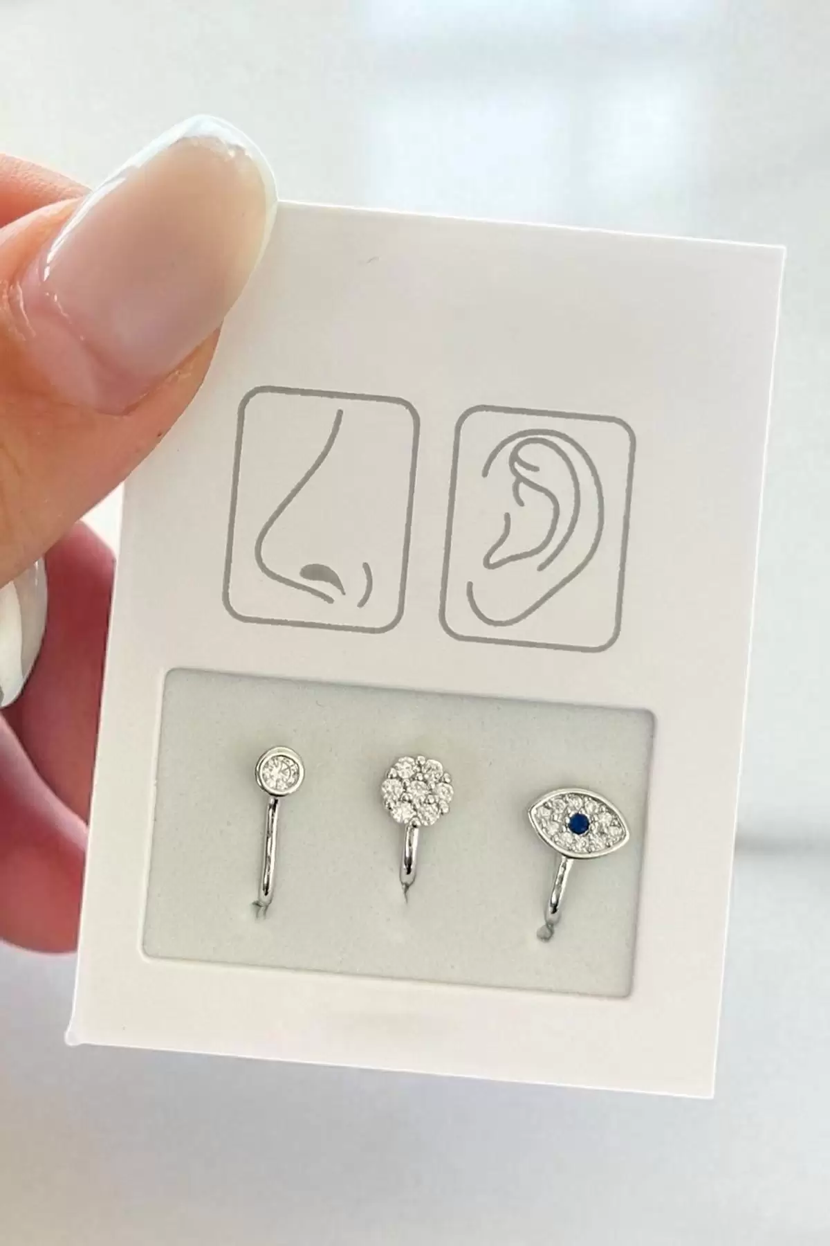 Gümüş Taş Detaylı Figürlü Deliksiz Kulak/ Burun 3lü Piercing Set