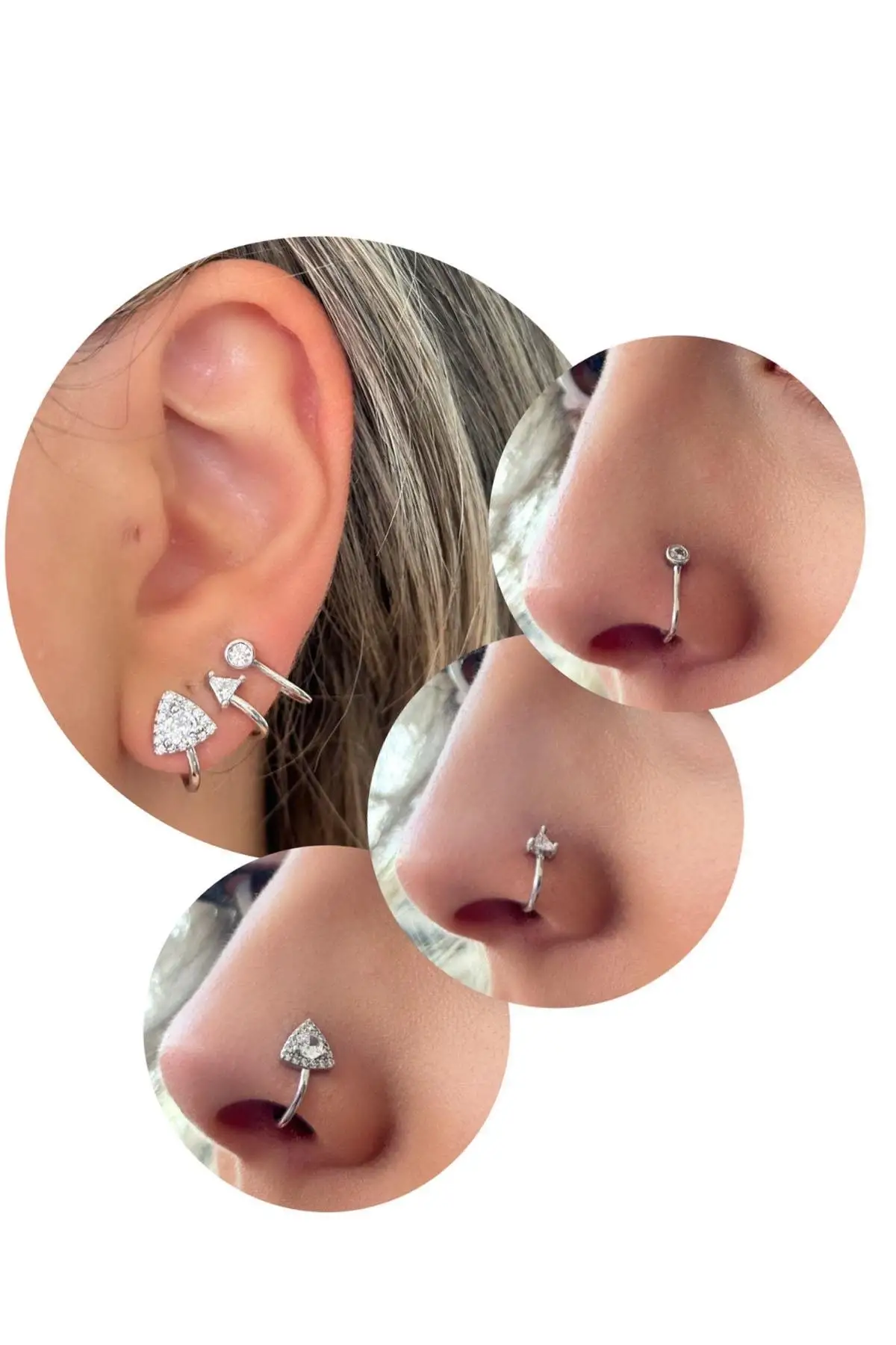 Gümüş Taş Detaylı Figürlü Deliksiz Kulak/ Burun 3lü Piercing Set