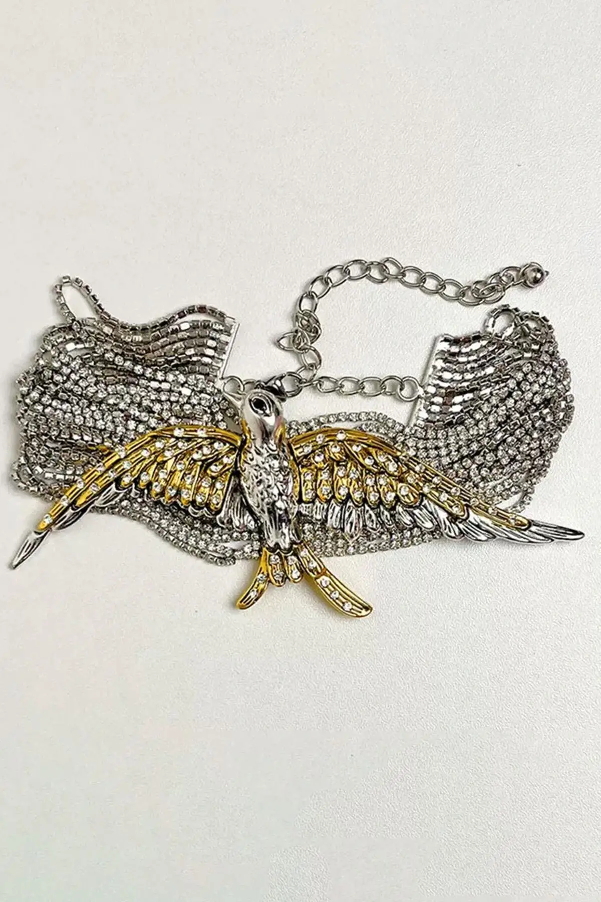 Gümüş Ve Altın Renk Anka Kuş Figürlü Taş Detaylı VİP Tasarım Kolye