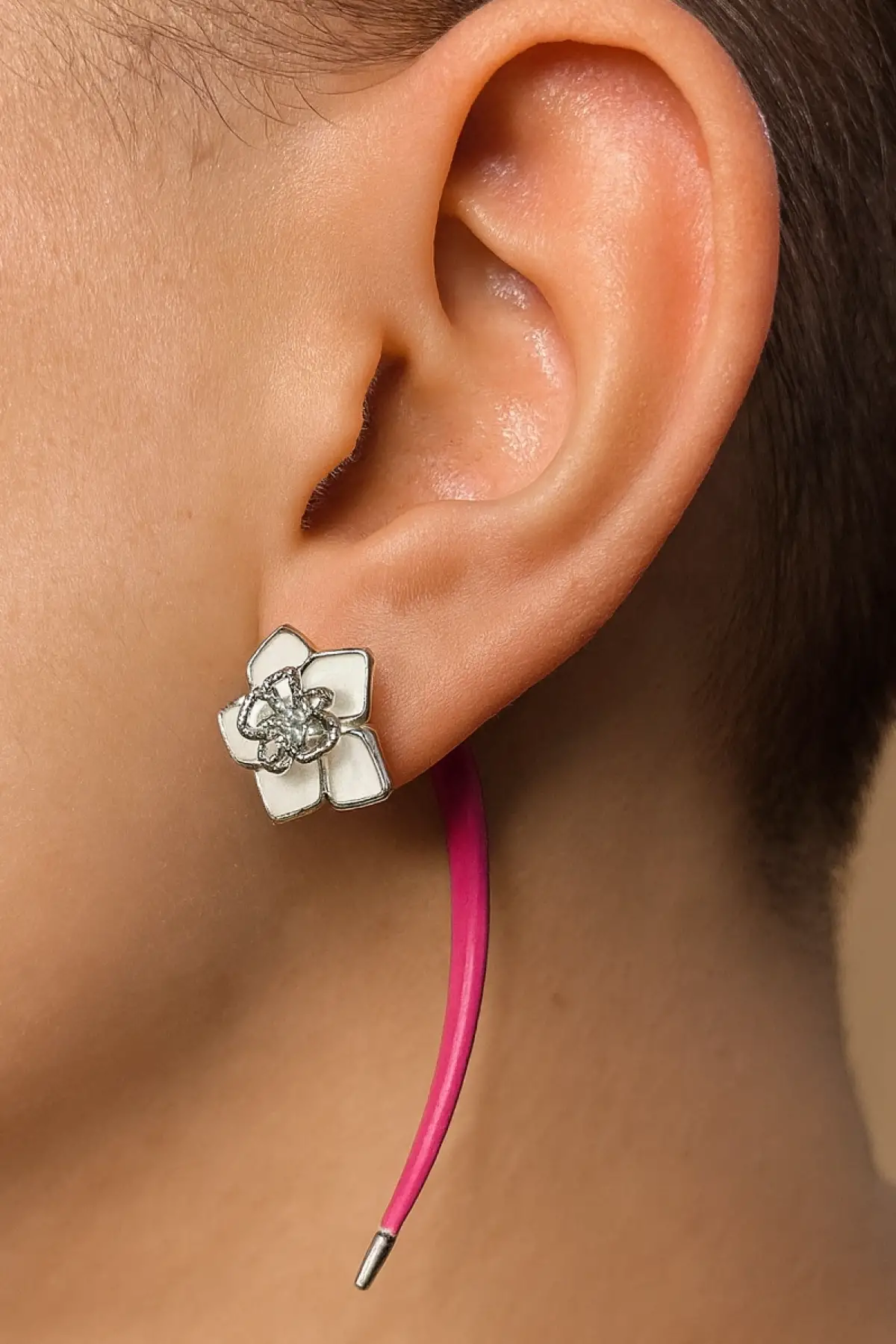 Gümüş Ve Pembe Renk Çiçek Detaylı YSX Küpe (Çift)