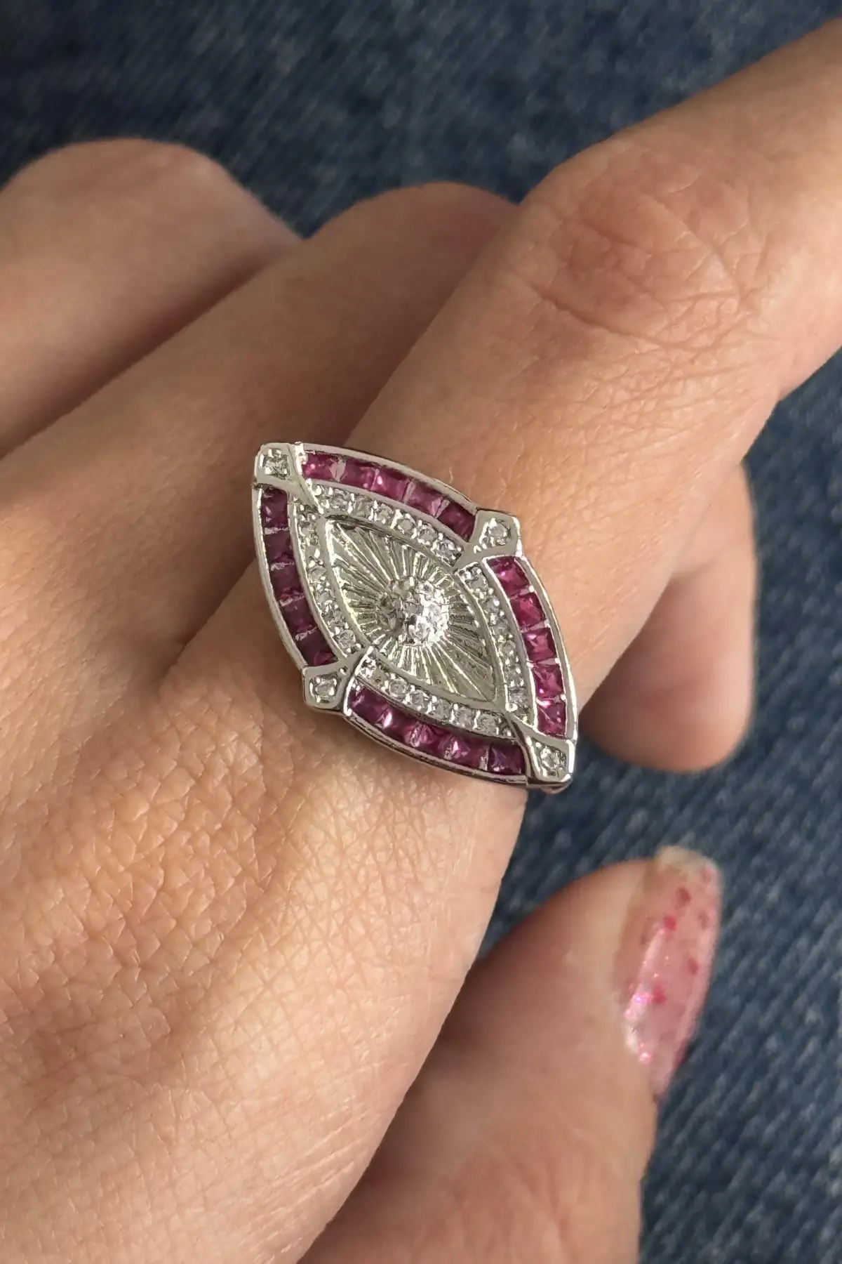 Gümüş Ve Pembe Renk Taş Detaylı 14K Altın Kaplama Ayarlanabilir Yüzük