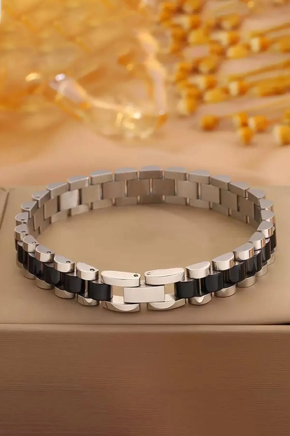 Gümüş Ve Siyah Renk Zincir Detaylı Çelik Erkek Bileklik