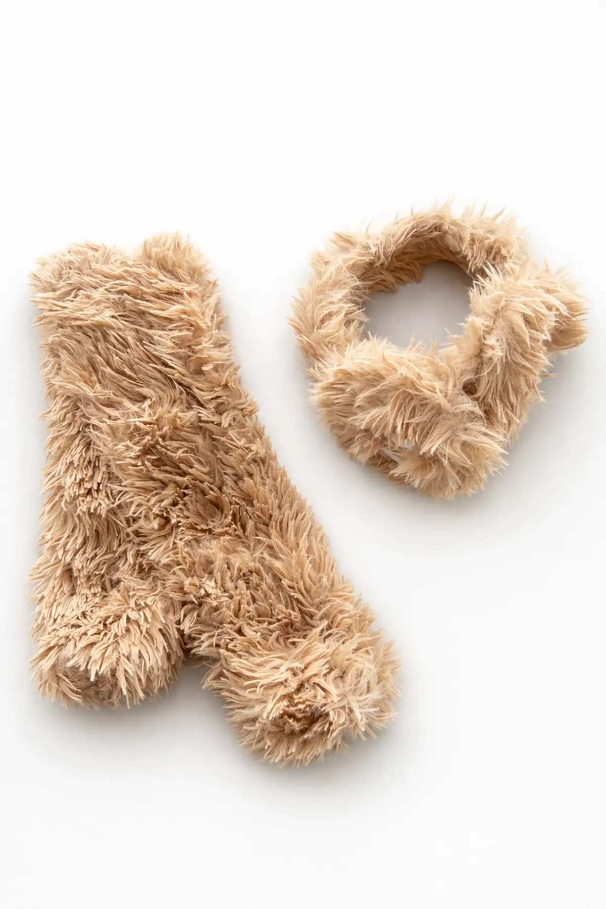 Kahve Renk Göz Figürlü Peluş Atkı Ve Kulaklık Set