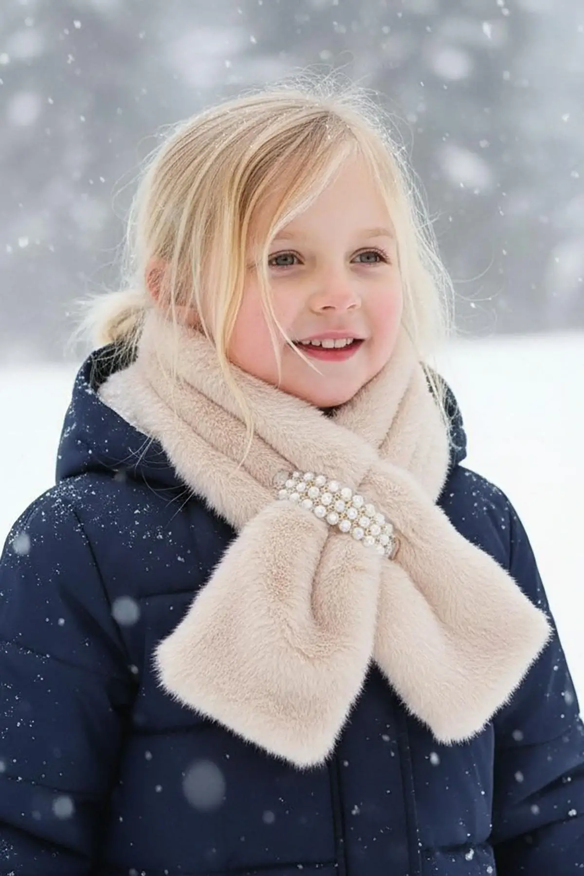 Kahve Renk İnci Detaylı Çocuk Peluş Atkı